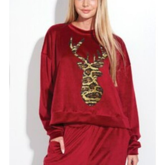 Holiday Reindeer Comfy Loungewear Set Red Animal Print Size S NWT